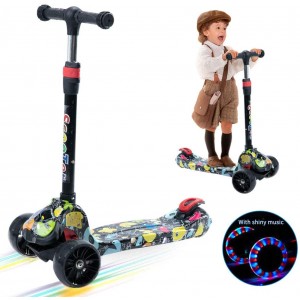Mighty Rock Kids Kick Scooter with 3 LED Light-Up Wheels for Toddlers 3-8 Year-Old,4 Adjustable Height,Lean to Steer with Extra-Wide Deck,Folding Graffiti Scooter with Musical, Bearing Capacity 110lb